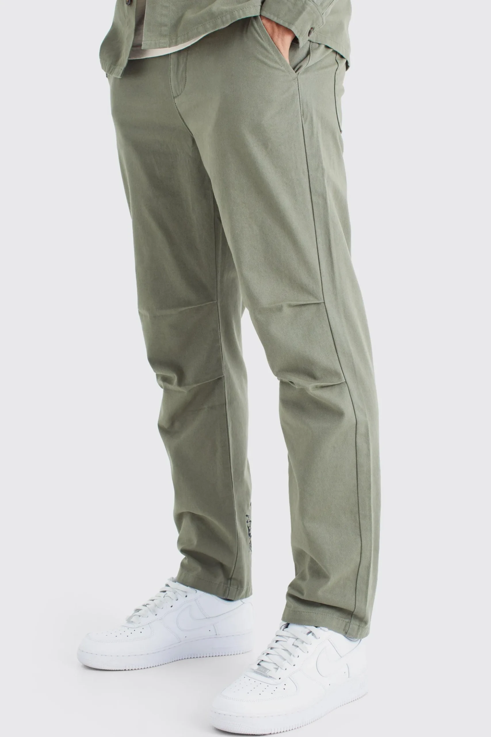 Fixed Waist Embroidered Twill Straight Leg Trouser | BoohooMAN UK