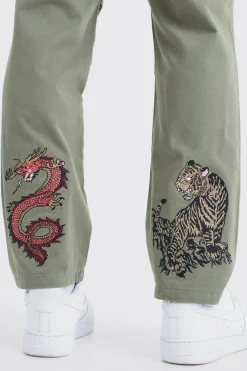 Fixed Waist Embroidered Twill Straight Leg Trouser | BoohooMAN UK