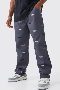 Fixed Waist Relaxed All Over Embroidery Trouser | BoohooMAN UK