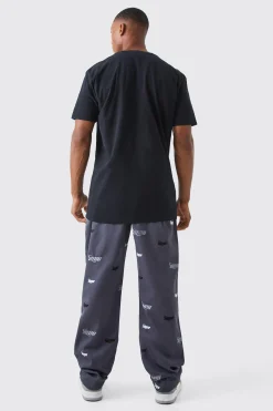 Fixed Waist Relaxed All Over Embroidery Trouser | BoohooMAN UK