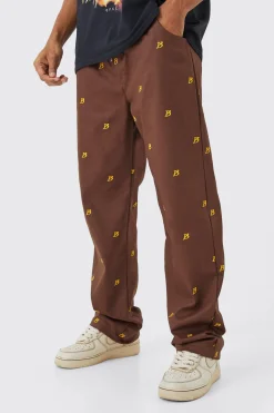 Fixed Waist Relaxed All Over Embroidery Trouser | BoohooMAN UK