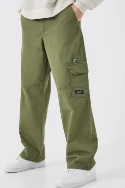 Fixed Waist Relaxed Cargo Trousers With Woven Tab | BoohooMAN UK