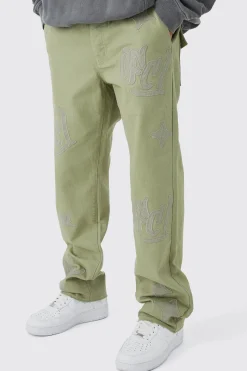 Fixed Waist Relaxed Gusset Applique Trouser | BoohooMAN UK