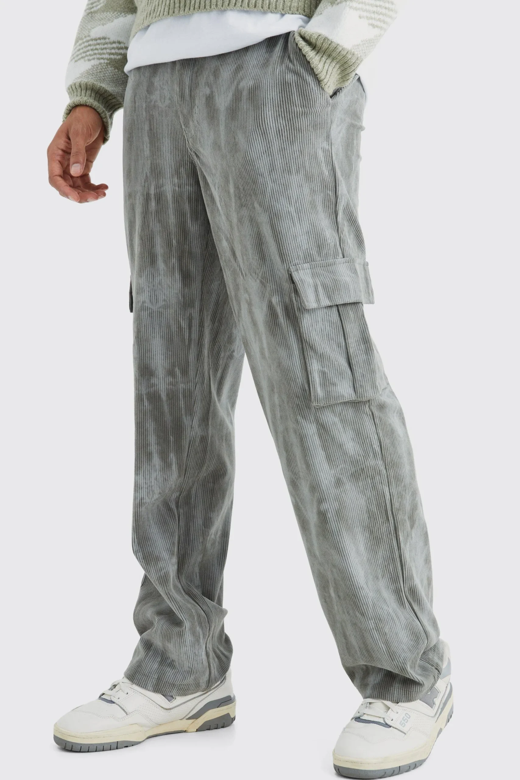 Fixed Waist Relaxed Tie Dye Cargo Corduroy Trouser | BoohooMAN UK