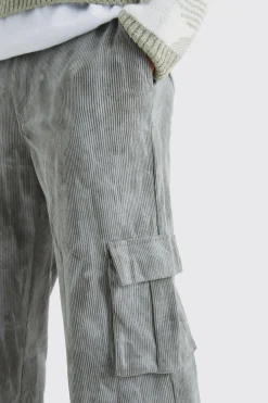 Fixed Waist Relaxed Tie Dye Cargo Corduroy Trouser | BoohooMAN UK