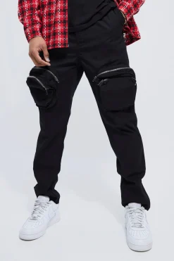 Fixed Waist Slim Fit Zip Detail Cargo Trousers | BoohooMAN UK