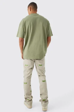Fixed Waist Slim Flare Embroidered Trouser | BoohooMAN UK