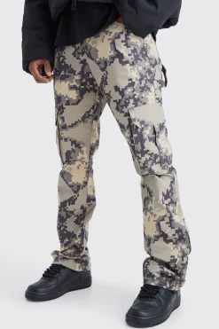 Fixed Waist Slim Flare Gusset Pixel Camo Cargo Trouser | BoohooMAN UK