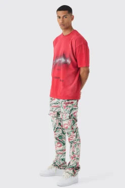 Fixed Waist Slim Flare Stacked Tapestry Cargo Trouser | BoohooMAN UK