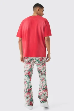 Fixed Waist Slim Flare Stacked Tapestry Cargo Trouser | BoohooMAN UK