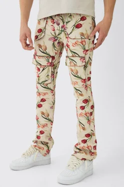 Fixed Waist Slim Flare Stacked Floral Tapestry Cargo Trouser | BoohooMAN UK