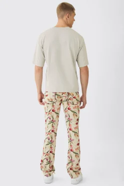 Fixed Waist Slim Flare Stacked Floral Tapestry Cargo Trouser | BoohooMAN UK