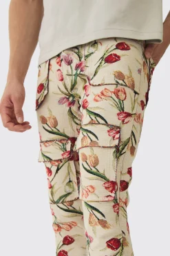 Fixed Waist Slim Flare Stacked Floral Tapestry Cargo Trouser | BoohooMAN UK