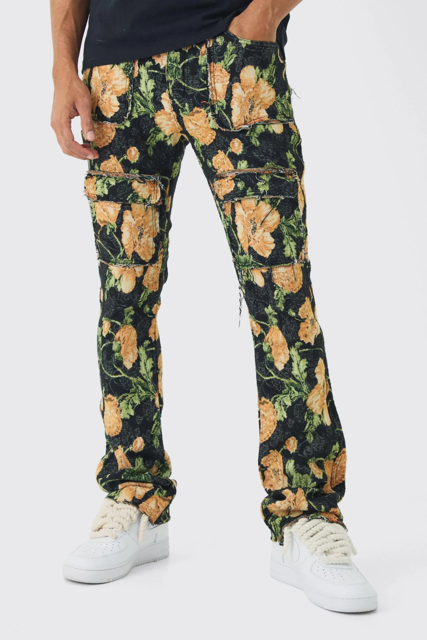 Fixed Waist Slim Flare Stacked Floral Tapestry Cargo Trouser | BoohooMAN UK