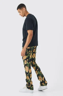 Fixed Waist Slim Flare Stacked Floral Tapestry Cargo Trouser | BoohooMAN UK