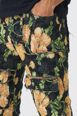Fixed Waist Slim Flare Stacked Floral Tapestry Cargo Trouser | BoohooMAN UK