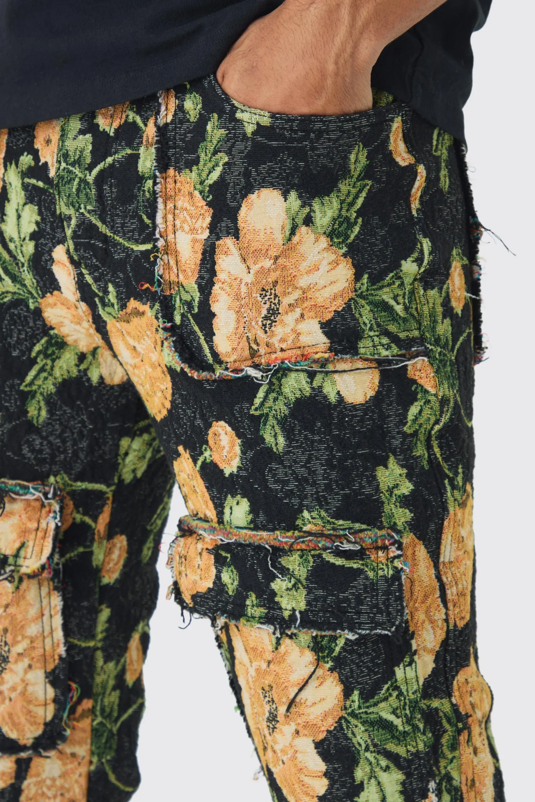 Fixed Waist Slim Flare Stacked Floral Tapestry Cargo Trouser | BoohooMAN UK