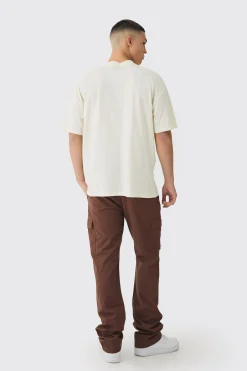 Fixed Waist Slim Flare Stacked Twill Cargo Trousers | BoohooMAN UK