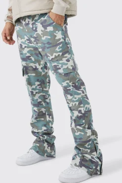 Fixed Waist Slim Flare Washed Camo Gusset Trouser | BoohooMAN UK