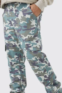 Fixed Waist Slim Flare Washed Camo Gusset Trouser | BoohooMAN UK