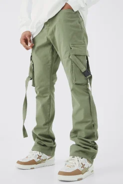 Fixed Waist Slim Stacked Flare Strap Cargo Trouser | BoohooMAN UK