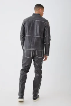 Fixed Waist Straight Leg Washed Pu Trousers | BoohooMAN UK