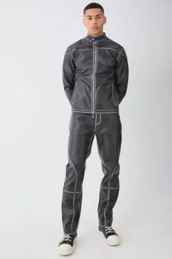 Fixed Waist Straight Leg Washed Pu Trousers | BoohooMAN UK