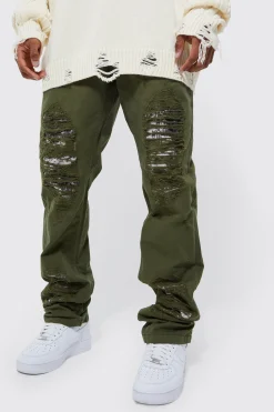 Fixed Waist Straight Stacked Camo Rip Cargo Trousers | BoohooMAN UK