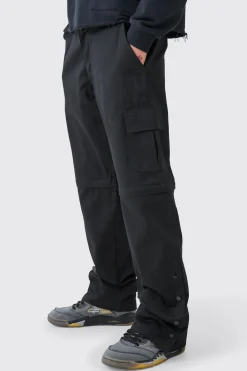 Fixed Waist Twill Popper Hem Zip Off Relaxed Cargo Trousers | BoohooMAN UK