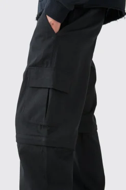 Fixed Waist Twill Popper Hem Zip Off Relaxed Cargo Trousers | BoohooMAN UK