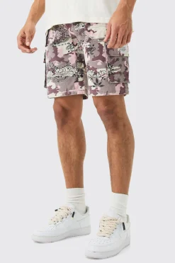 Fixed Waist Woven Tab Bandanna Camo Relaxed Cargo Shorts | BoohooMAN UK