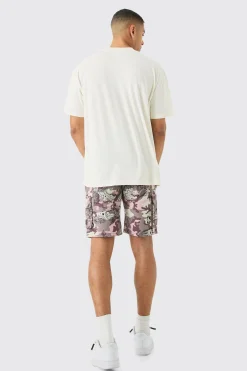 Fixed Waist Woven Tab Bandanna Camo Relaxed Cargo Shorts | BoohooMAN UK