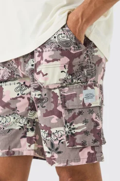 Fixed Waist Woven Tab Bandanna Camo Relaxed Cargo Shorts | BoohooMAN UK
