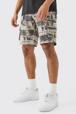 Fixed Waist Woven Tab Blurred Camo Relaxed Cargo Shorts | BoohooMAN UK