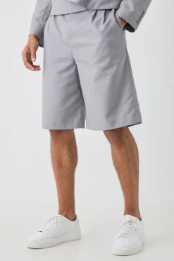 Fixed Waistband Tailored Pleated Jorts In Grey | BoohooMAN UK