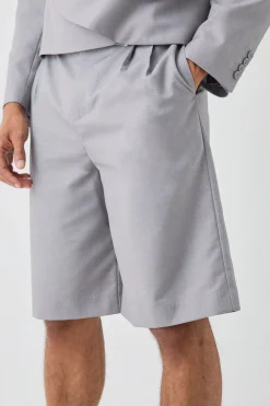 Fixed Waistband Tailored Pleated Jorts In Grey | BoohooMAN UK