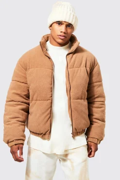 Fleece Boxy Funnel Neck Puffer | BoohooMAN UK