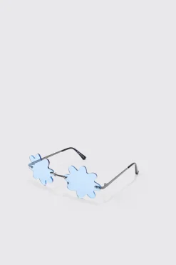 Flower Rimless Sunglasses In Light Blue | BoohooMAN UK