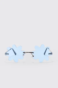 Flower Rimless Sunglasses In Light Blue | BoohooMAN UK