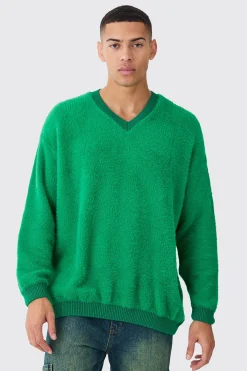Fluffy Contrast V Neck Boxy Jumper | BoohooMAN UK