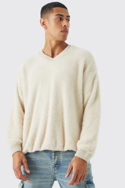 Fluffy Contrast V Neck Boxy Jumper | BoohooMAN UK