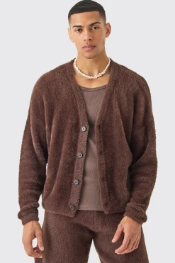 Fluffy Knit Cardigan In Brown | BoohooMAN UK