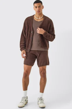 Fluffy Knit Cardigan In Brown | BoohooMAN UK
