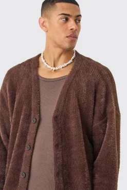 Fluffy Knit Cardigan In Brown | BoohooMAN UK