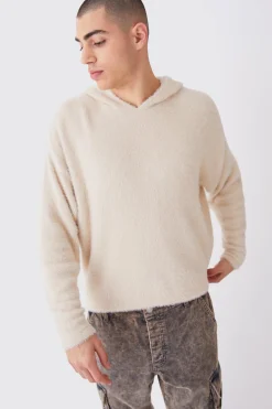 Fluffy Knitted Boxy Hoodie | BoohooMAN UK