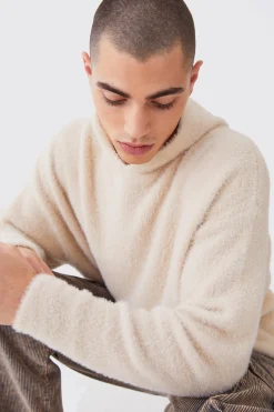 Fluffy Knitted Boxy Hoodie | BoohooMAN UK