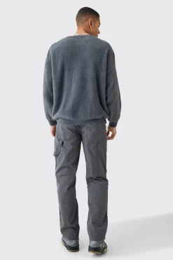 Fluffy Oversized Moto Knit Crew Neck Jumper | BoohooMAN UK