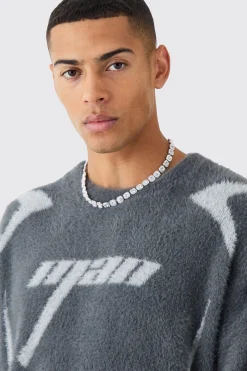 Fluffy Oversized Moto Knit Crew Neck Jumper | BoohooMAN UK
