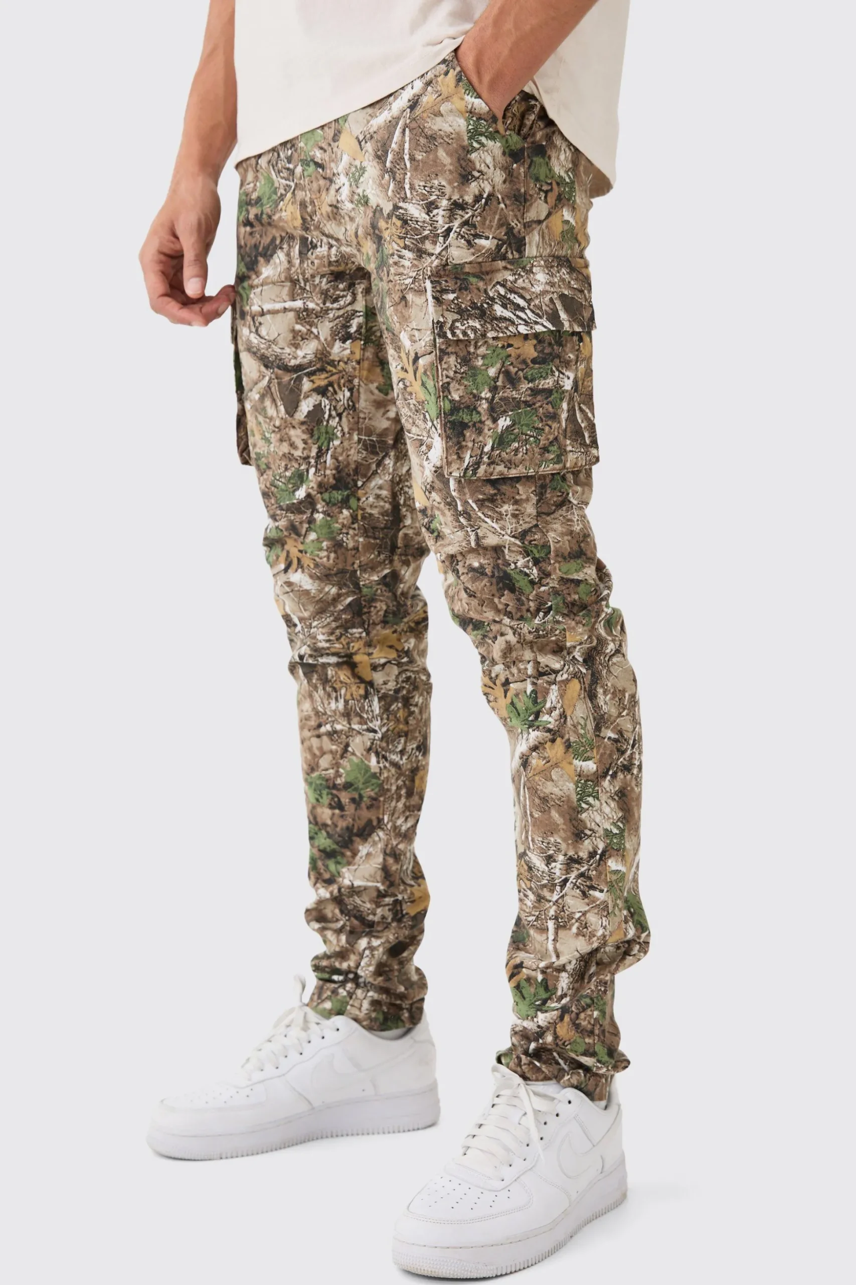 Forest Camo Slim Stacked Multi Cargo Trouser | BoohooMAN UK