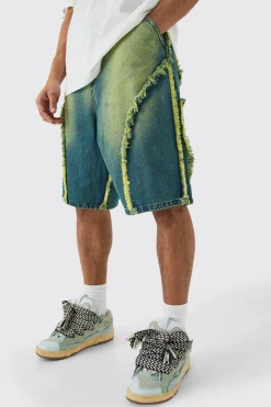 Frayed Edge Denim Jorts In Tinted Green | BoohooMAN UK
